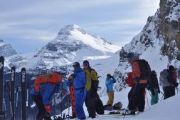 Group of backcountry skiers in the high alpine
